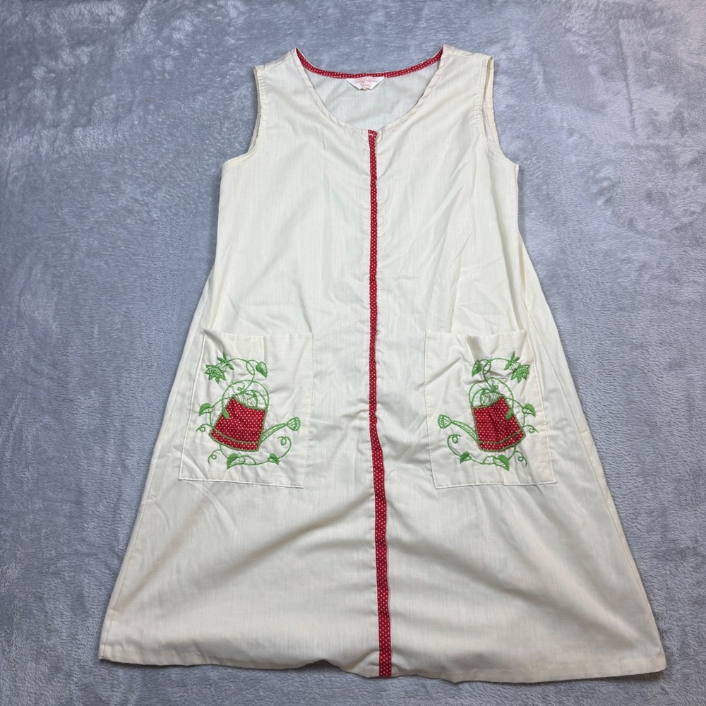 Vintage Sears Perma-Prest Shift Dress Women L Cream Watering Can Polka Dot 70s